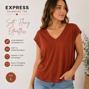 Express Skimming Tee Rust Orange V Neck Top Size L Lightweight Relaxed Fit
